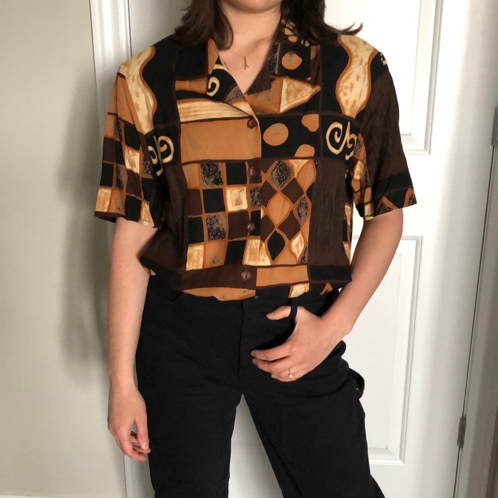 Vintage Cleo Short-Sleeve Collared Blouse - Brown & Cream